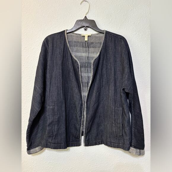Eileen Fisher Indigo Chambray Denim Cloth Short Jacket M - Picture 3 of 8